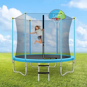 8FT Trampoline for Kids with Safety Enclosure Net, Basketball Hoop and Ladder, Easy Assembly Round Outdoor Recreational Trampoline boy girl