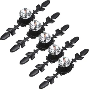 5 Pcs 6.7" Drawer Dresser Knobs Pull Handles - Crystal Glass Diamond Decorative Knobs with Plate, Cabinet Cupboard Door Knobs with Screws for Kitchen Bathroom Office Decoration, Black
