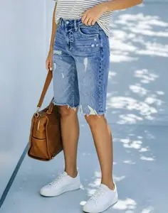 Women's Casual Chic Denim Bermuda Shorts - Mid Rise, Stretchy, Rolled Hem Long Jean Bottoms | Womenswear Bottoms