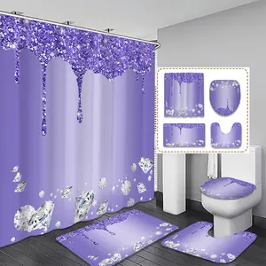 Luxurious Light Shower Curtain Set with Rhinestone Texture, Waterproof Bath Mat & U-Shaped Toilet Pad, Christmas Gift for Friends