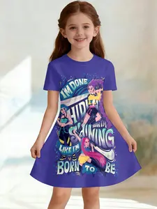 Trendy Girls' Witchcraft Girl Group Born to Be Printed A-Line Dress, Inspirational Short Sleeve Dress, Fashion Outdoor Wear, Birthday Gift, Festival Gift