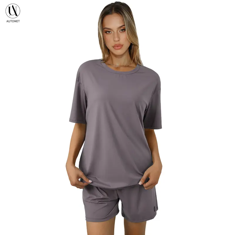 AUTOMET Women's Sporty Chic 2-Piece Set, Casual Cloud Soft Crew Neck Tee and Biker Shorts Loungewear, Round Neck, Women's Matching Sets, Women's Casual 2 Piece Sets