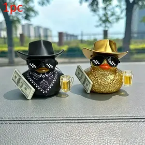 1pc Cowboy Rubber Duck Car Ornament, Sparkly Sunglasses Duck with Beer Mug & Money Decor, Unique Car Interior Decoration Gift, Car Interior Ornaments