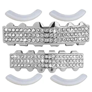 Iced Grillz Top & Bottom Silver Plated 3 Row Dimond Lad Fashion Teeth