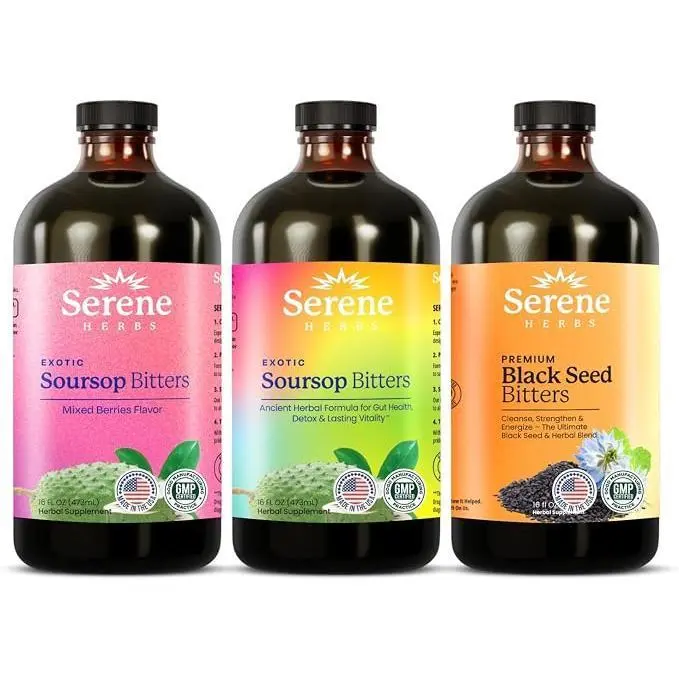 🔥 BEST SELLER! Serene Herbs - Soursop Bitters Liquid - Organic Herbal Guanabana Detox with Black Seed, Moringa & Ginger - Supports Digestive Wellness & Immune Function - 16 fl oz​