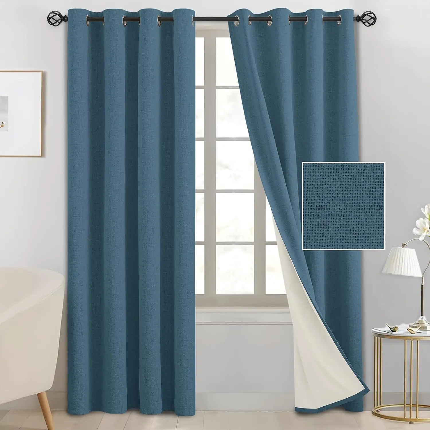 Dusty Blue Linen Curtains for Bedroom 84 Inch Long 2 Panel Set, Blackout Faux Linen Textured Curtains Grommet for Living Room with White Liner