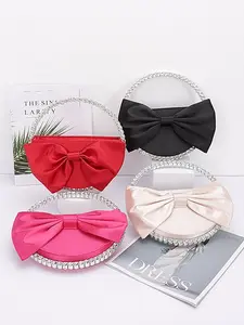 casual-Satin Ribbon Round Rhinestone Metal Clutch