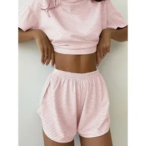 Two-Piece Set Women's Striped Print Drop Shoulder Tee & Wrap Split Shorts Pajamas? Set, Comfy Short Sleeve T-shirt Back To School Wear Lounge Sets, ? Fall Clothes Loungewear Nightwear Womenswear Homewear Pajamas Comfort Pjs Casual Pebble Lime Shortsleeve
