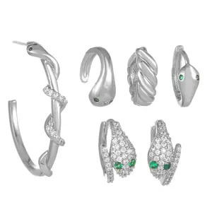 6 Pairs Hoop Huggie Snake Earrings: Women 6 Pairs Cubic Zirconia Emerald Wrap Snake Shaped Chunky Small Delicate Stainless Steel Earring Set