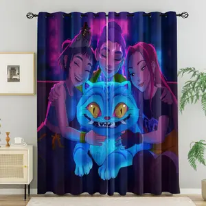 K-Pop Girl Group Glowing Blue Cat Blackout Curtains Set, No Drilling Required, Washable Polyester Fabric, Bareless, Suitable for Bedroom Living Room Dormitory Insulation & UV, Multi-Functional Home Decor