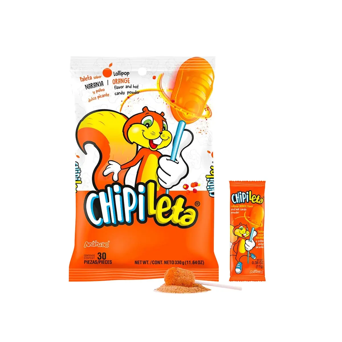 Chipileta Original Orange Lollipop Orange Flavor And Hot Mexican Candy Powder Paleta 30 Pieces