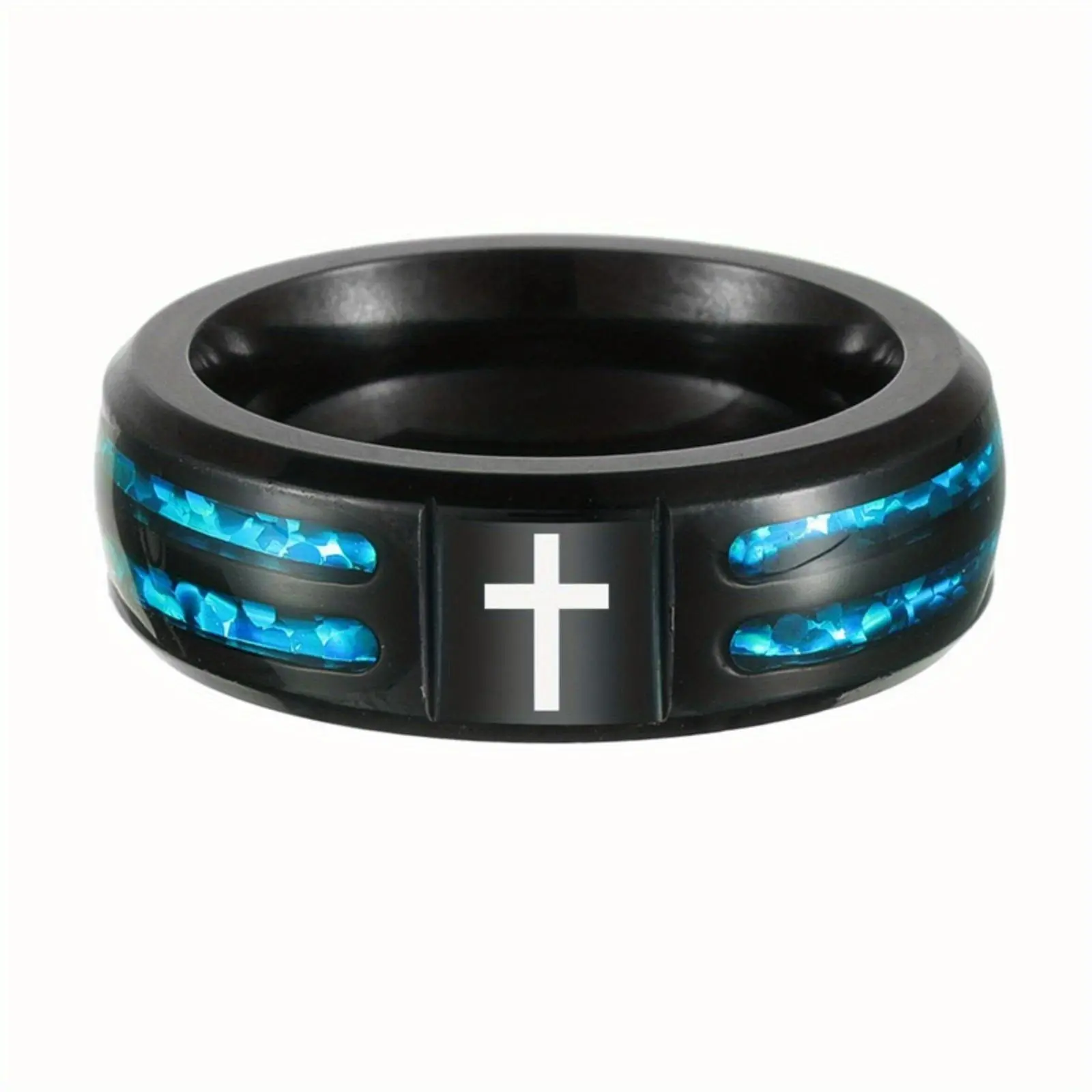 Men's Multi-Size Anti-Rust Stainless Steel Geometric Cross Ring - Blue Line Accent, Punk Casual Black Marquise Geometric Band, Christmas Costume Jewelry for Daily & Party Wear, Solid Metal Steel Cross Rings, Geometric Bands Rings