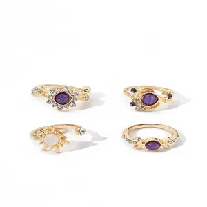 Modern Stackable Gem Ring Set, Sun Moon Star Sunflower Design, 18K Gold Plated Alloy With Diamond Inlay, Unisex Fashion Band for Daily Casual Party Wear