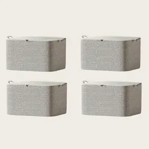 4 Pack Foldable Storage Bins with Lid Stackable Closet Organizers for Under Bed Wardrobe Moving Space Saving Rectangular Large Capacity Beige