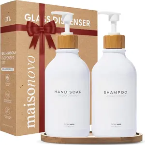MaisoNovo Soap Dispensers 3-Piece Set - Bathroom Soap Dispenser - Kitchen Soap Dispenser Set - 16.9oz Set of 2 with Tray Bamboo Bottle