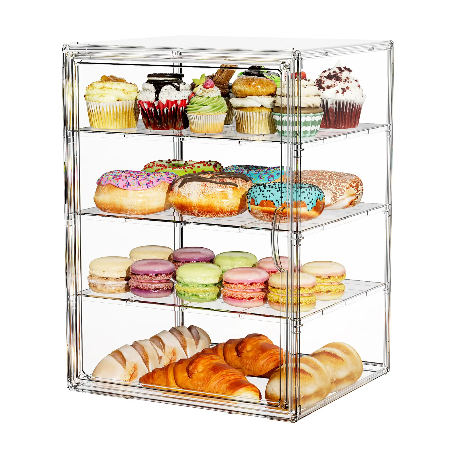3-Tier Acrylic Pastry Display Case with Lid - Bread Storage Bin, Dry Food Container, Multipurpose Organizer for Cupcakes, Cookies, Donuts, Kitchen Countertop or Coffee Bar with Transparent Front Access Doors for Home Bakery-Style Serving