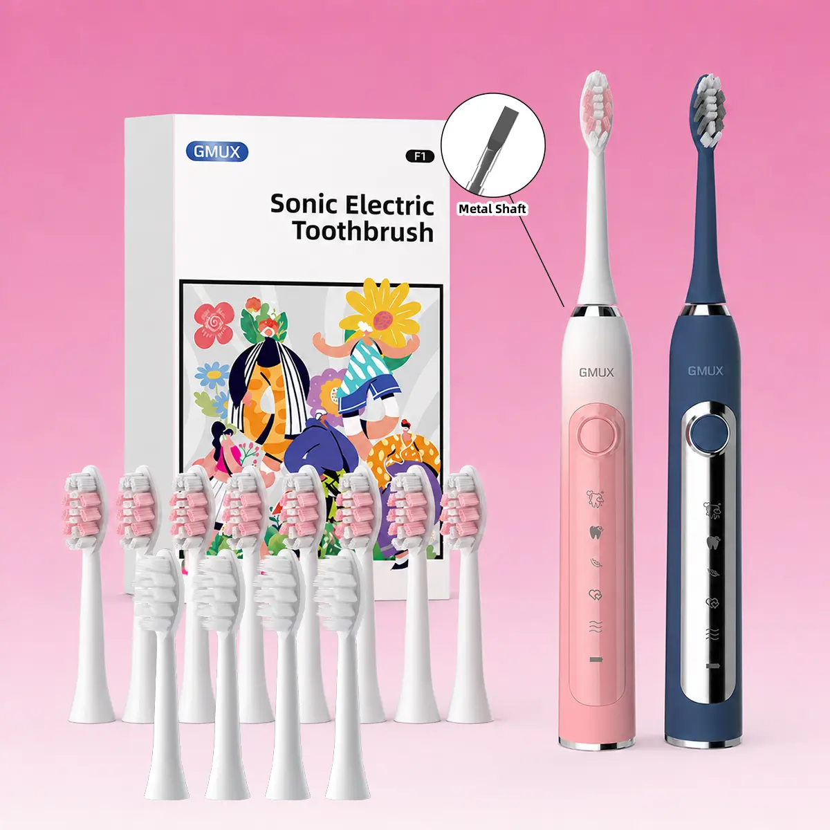 GMUX IPX8 Sonic Electric Toothbrush, USB Charging, Couple Style With Replaceable Heads,Metal Shaft, For Adults (Men & Women), Rechargeable, Intelligent Timer, Includes 12 Replacement Brush Heads