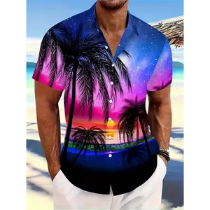 Men's Tropical 3D Print Button-Up Shirt - Vibrant Palm Tree & Sunset Design, Short Sleeve Casual Hawaiian for Summer Beach Vacations, Resort Wear, and Everyday Style, Fashion | Polyester Fabric