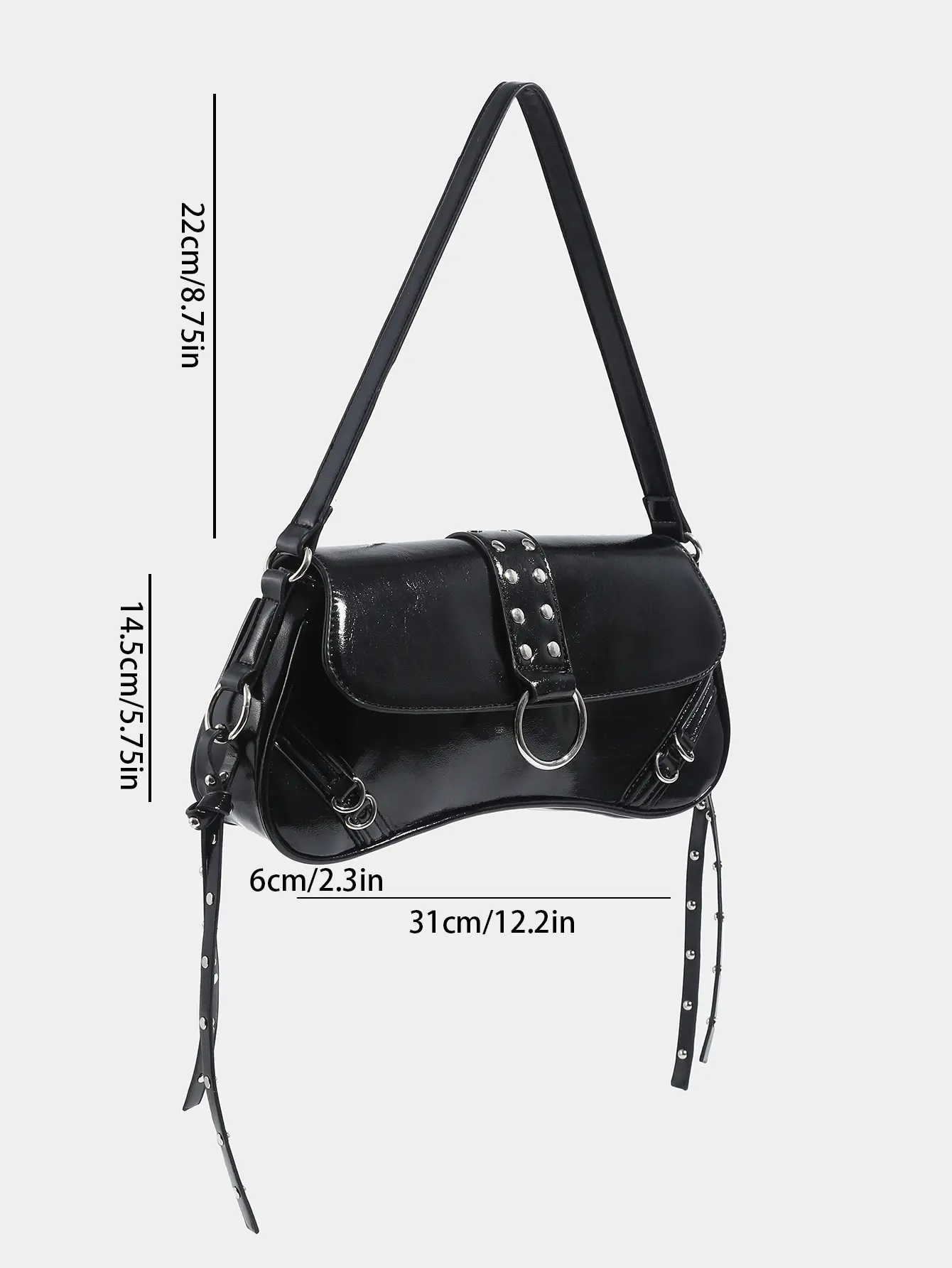 Y2k black faux leather shoulder with silver hardware buckles Edgy Y2K Black Baguette Bag for Women - Glossy Faux Leather  main image 2