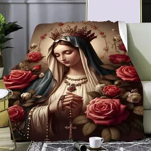 Bohemian Style Virgin Mary Printed Throw Blanket – All-Season Flannel Multipurpose Quilted Throw – Digital HD Print Design for Sofa, Bedroom, Gift – Super Soft Knitted Polyester Fabric, 250-300 gsm – Cozy Wrap Perfect for Every Season