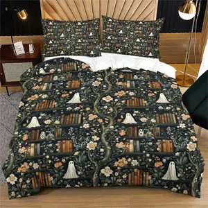 Dark Fairy Tale Style Decorative Duvet Cover Set, Dark Green and Brown Background Full Print of Ghosts, Bookshelves and Flowers Bedding Set, Includes 1/2 Pillowcases - without Core, Warm and Skin-Friendly, Ideal for Gothic Style Lovers' Bedding Decor