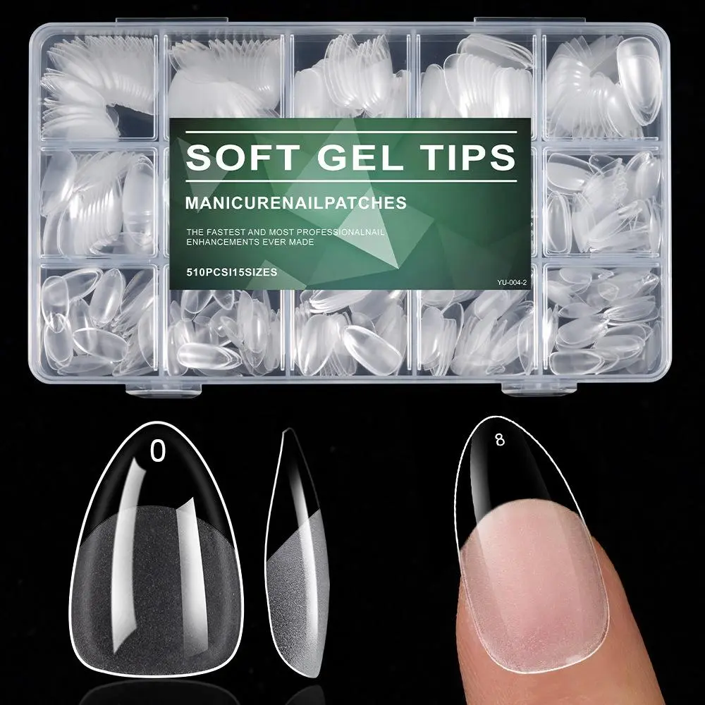 510PCS Clear Almond Nail Tips Extra Short, 15 Sizes Pre-Etched Full Cover Gel False Nails, Acrylic Nail Extensions for Women Nail Art