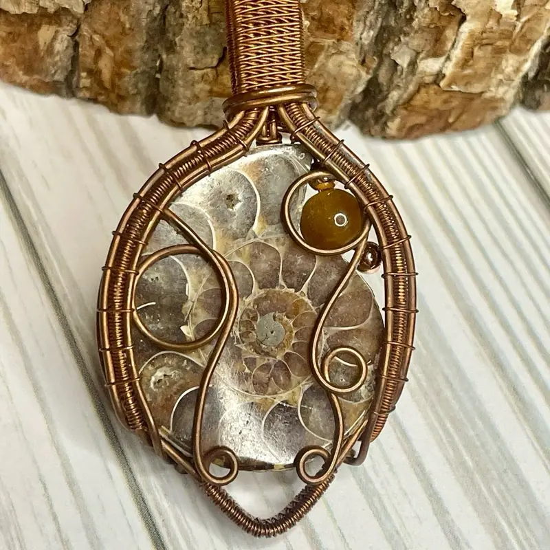 Ammonite & Tigers Eye Genuine Copper Pendant for prosperity, protection, and taking action