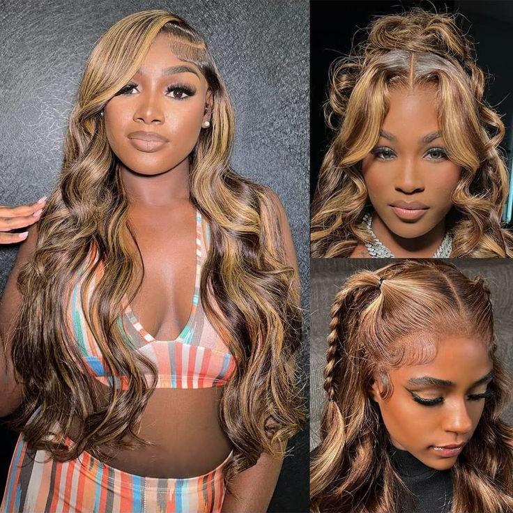 【30 Inch Only $89】Anyweek Honey Blonde Ombre Lace Front Wig Human Hair Highlight Body Wave 13x6 Lace Front Wigs Pre Plucked 180 Density Glueless HD Lace Frontal Wig for Women 4/27 Colored