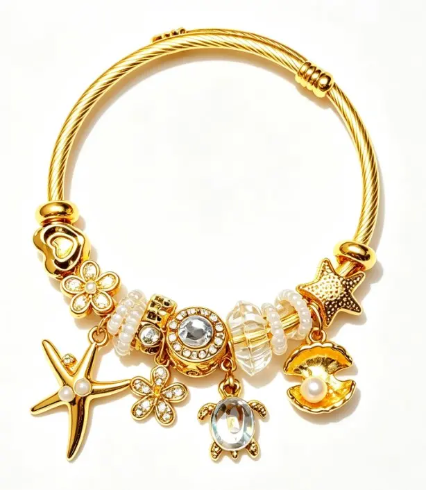 Gold Tone Ocean Theme Cable Wire Charm Bracelet, Starfish, Turtle, Shell, Flower Crystal Pearl Dangle Bangle, Adjustable Open Cuff Beach Jewelry Gift for Women Girls