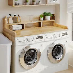 DOMISO Washer Countertop Organizer, Laundry Wood Shelf Topper, Double Layer Organizer for Washer Counter Storage Organization