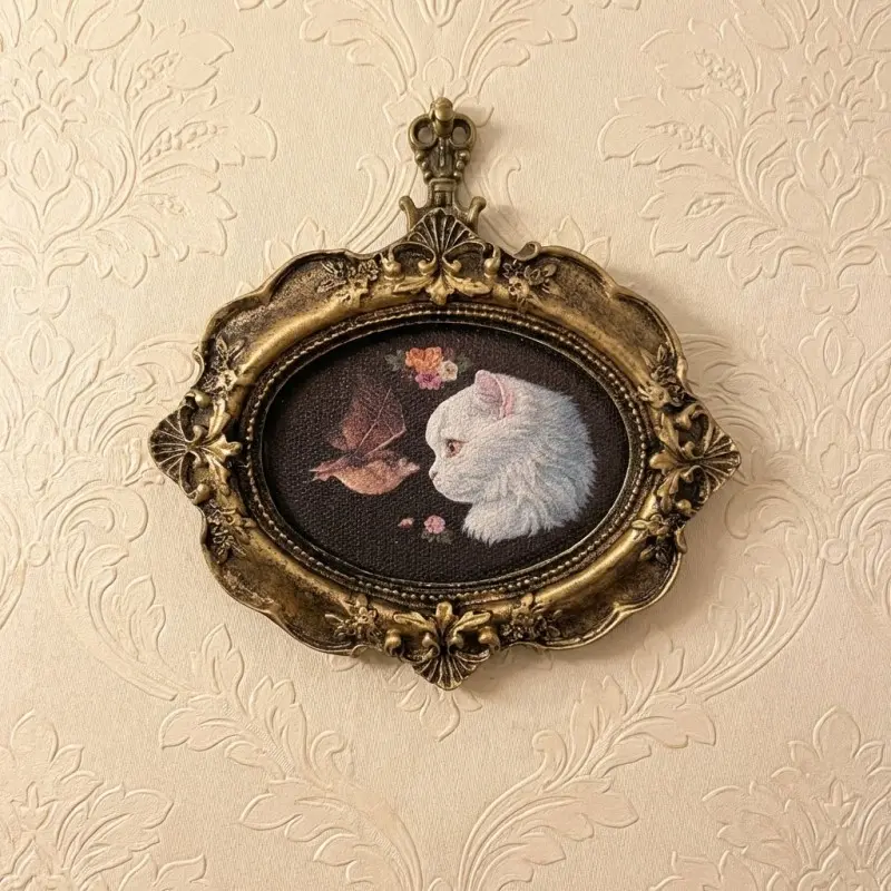 French Country Style 3D Wall Art Frame Decor, Aesthetic Wall Decor, Cat and Bat Print Canvas Painting, Resin Vintage Picture Frame, Art Wall Decoration