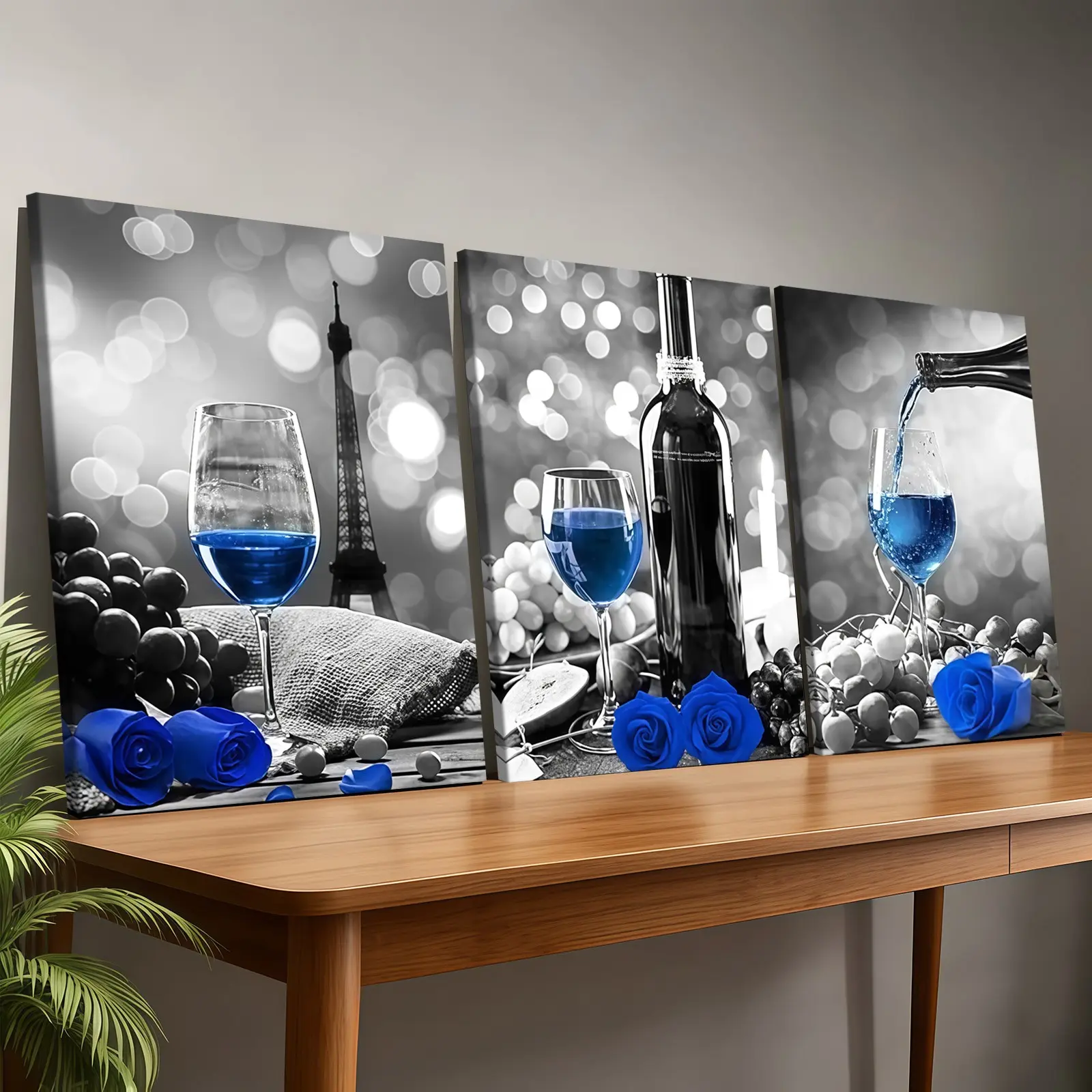 3-Piece Wood Frame Canvas, Luxury Blue Rose Wine Trio Decorative Posters, Modern Living Room Art, Home Wall Art, Wall Decor Pictures, Waterproof, Home Decoration