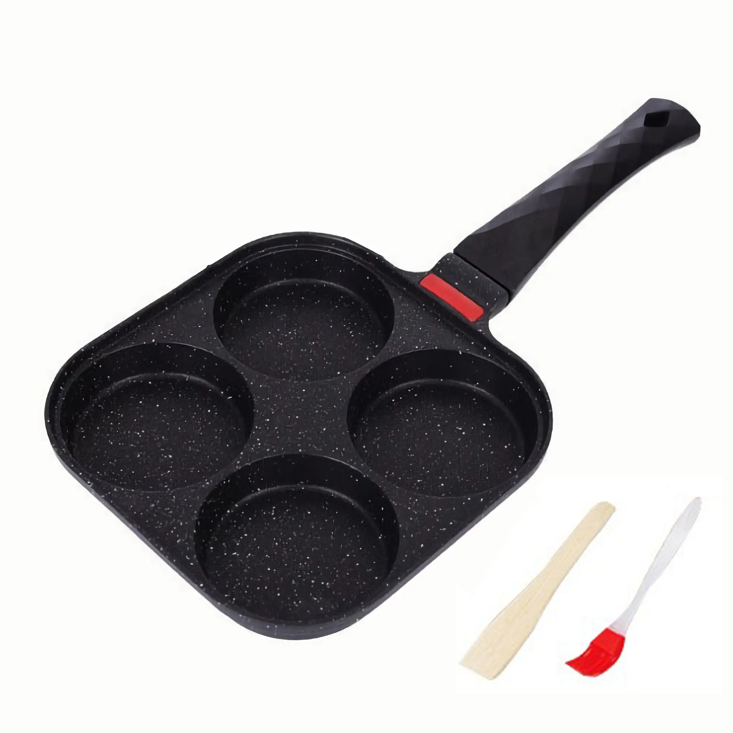 Foorey Home 4 Egg Frying Pan Gas Only Breakfast Omelette Skillet Non-Stick Fried Egg Pan Pancake Pan with 1 Spatula & 1 Brush Black Cookware
