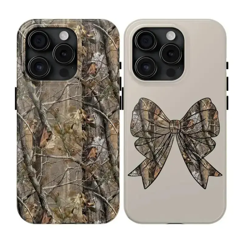 Couples Matching Camo Bow Phone Cases, Coquette Case For Girl - Durable Polycarbonate Rubber Shell, Shockproof Protective Casing, Custom Protection for iPhone 11-17, Holiday Gift for Him & Her