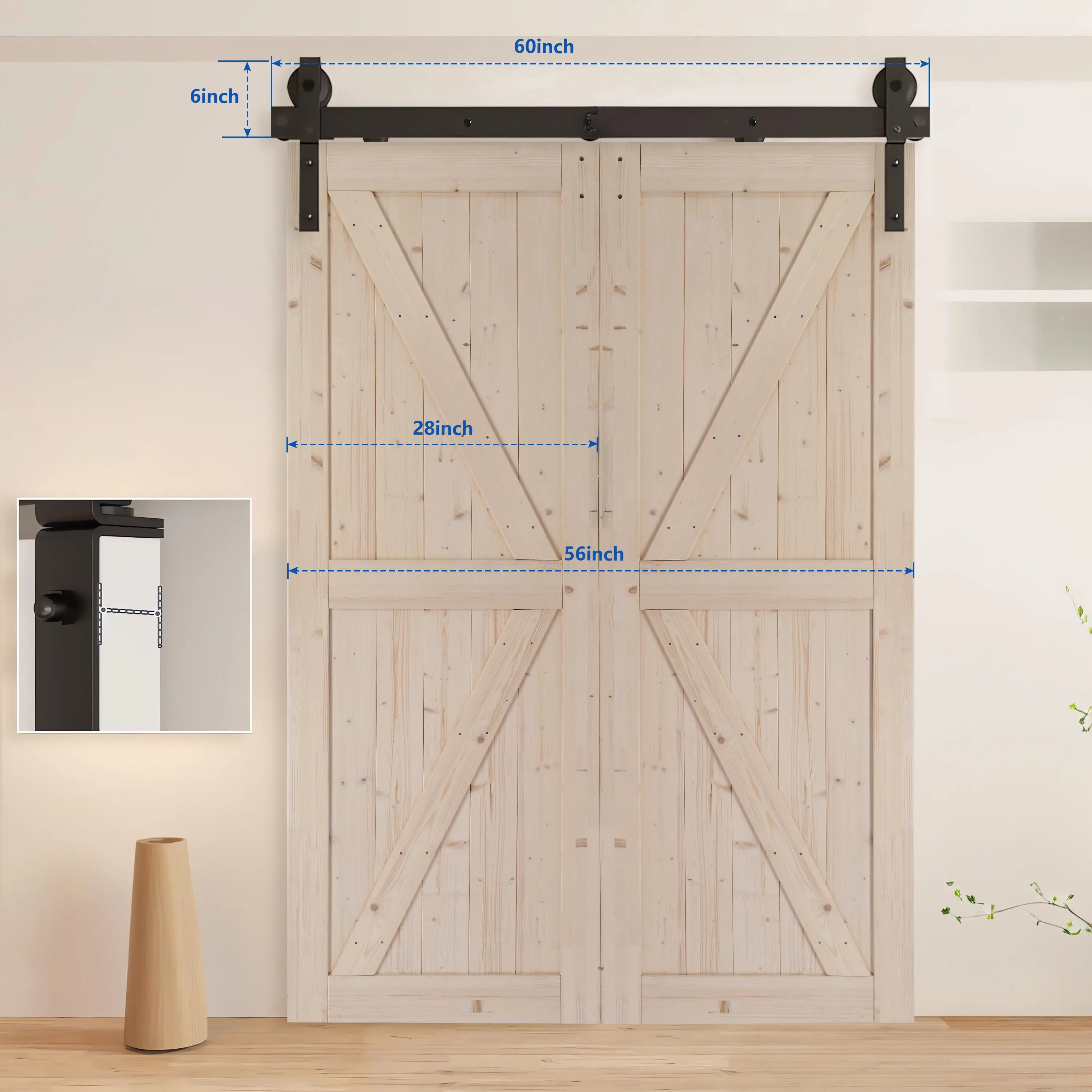 60" Bi-Folding Sliding Barn Door Hardware Kit for 2 Doors Smoothly Quietly Black Track J Shape Roller Easy Install Space Saving Green Glass Door