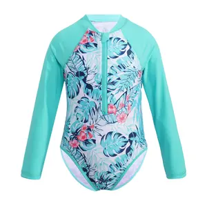 Kids Girls Long Sleeves Palm Printed Zippered One Piece Swimsuit Rash Guard
