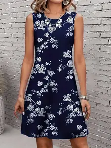 Women's Plus Size Summer Floral Print Dress, Round Neck Sleeveless Vest Dress, Loose-Fitting Fashion Knee Length, Casual Wear