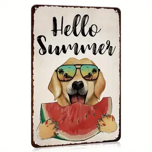 Hello Summer Watermelon Garden Metal Sign, Labrador Sign Decorative Yard Outdoor Home Kitchen Decor, Summer Wall Decor Farmhouse Seasonal Outside House Decoration 12 X8in7/30