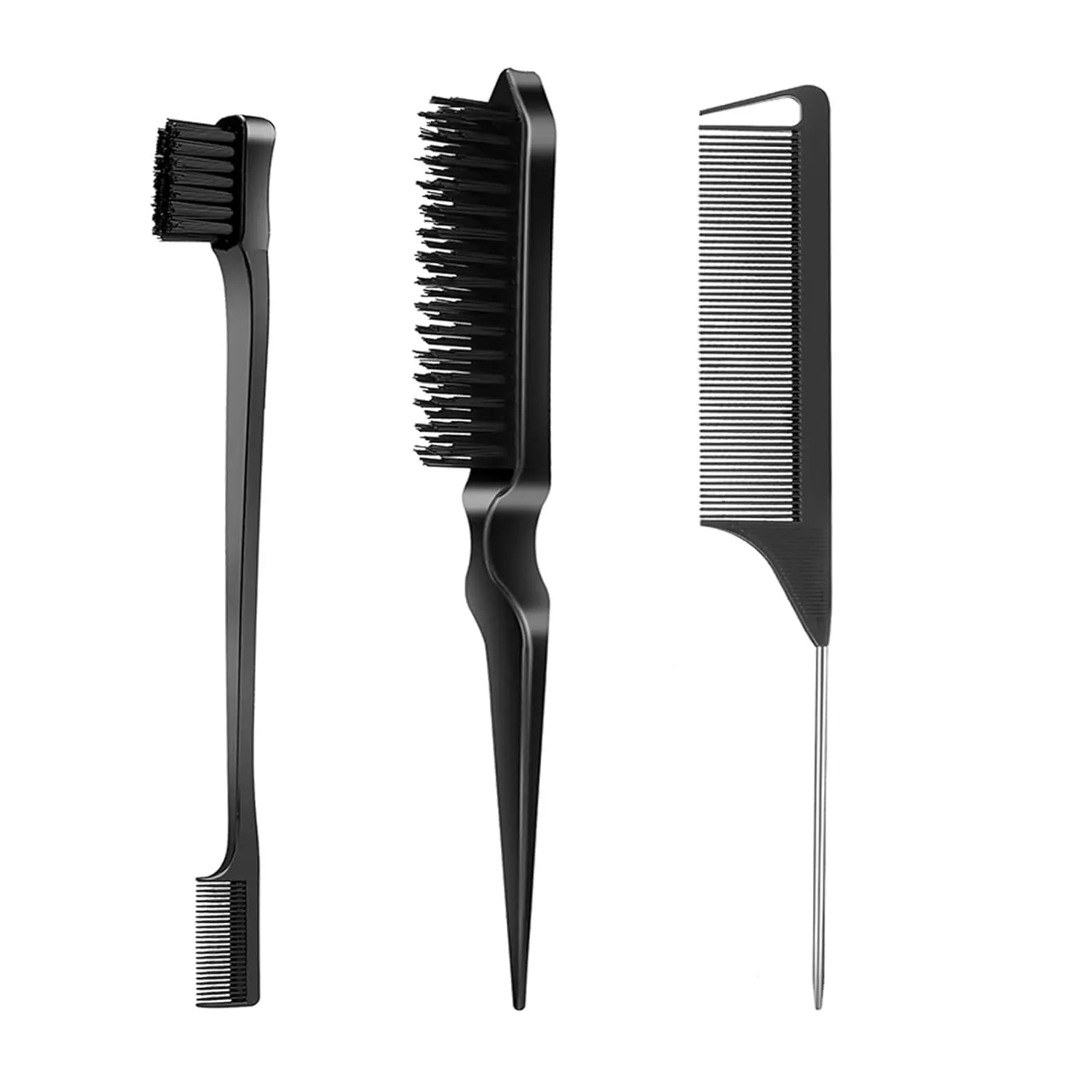 3-Piece Slick Back Hair Brush Set | Ultimate Edge Control, Rat Tail Comb & Bristle Brush Kit for Smooth Buns, Braids & Baby Hair