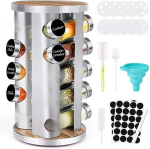 Revolving Spice Rack Organizer with 20 Empty Jars Stainless Steel & Wooden Countertop Tower for Kitchen Pantry 360-Degree Rotation 30 Seasoning Covers Silicone Funnel Cup Brushes Reusable Labels Perfect Gift Cabinet Metal