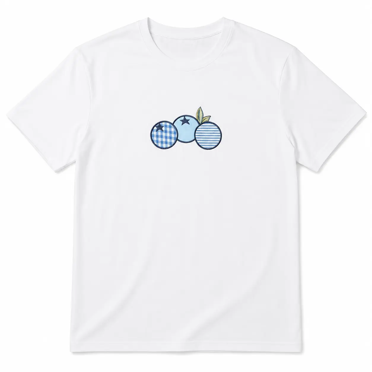Unisex A-Blueberry Patchwork Trio Graphic Short-Sleeve Crewneck T-Shirt - White Blue Plaid Stripe Print, Soft Breathable Cotton, Casual Streetwear Top - Cute Fruit Aesthetic Outfit for Men 2257 Menswear Tropical, Shortsleeve, Tshirt