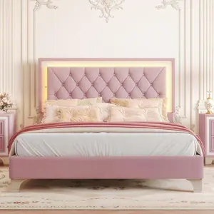 Full Size Upholstered Bed Frame with LED Lights,Modern Velvet Platform Bed with Tufted Headboard,Pink