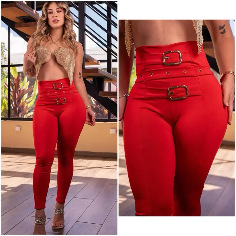 Ref 1320 Colombian Leggings with Double Metal Buckle High-Waisted Red Tights for Women