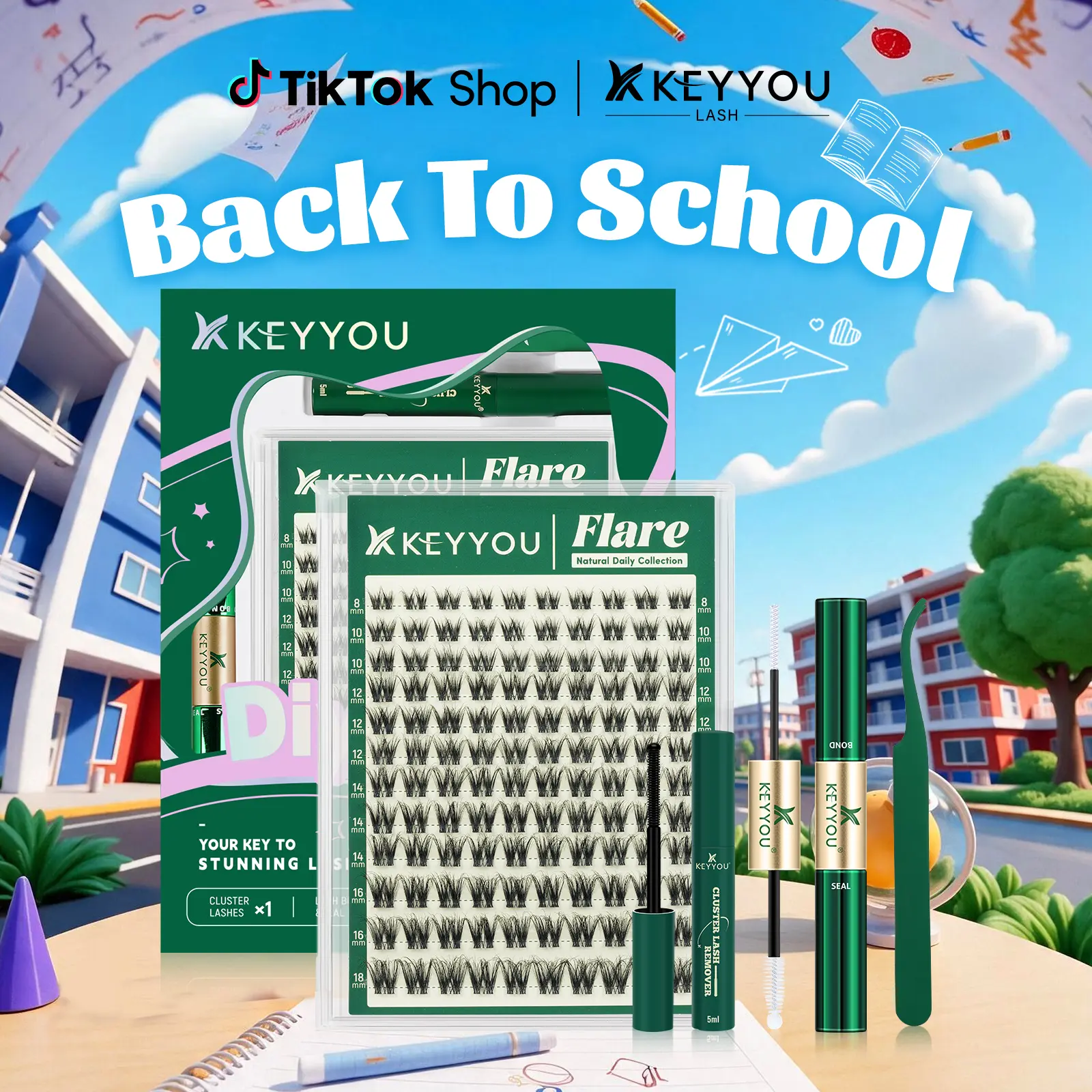 KEYYOU Flare Lash Clusters Kit DD Curl Natural Lashes 8-18mix Fluffy Lash Extensions, Ultra-Thin Soft Band Waterproof Wispy Flare Cluster Lashes #Backtoschool