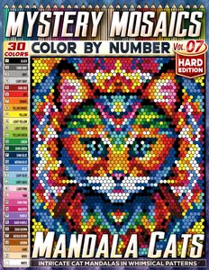 Mandala Cats - Hard Edition - Mystery Mosaic Color by Number - Vol. 07: 45 Designs in Square, Hexagon, and Stained Glass Style