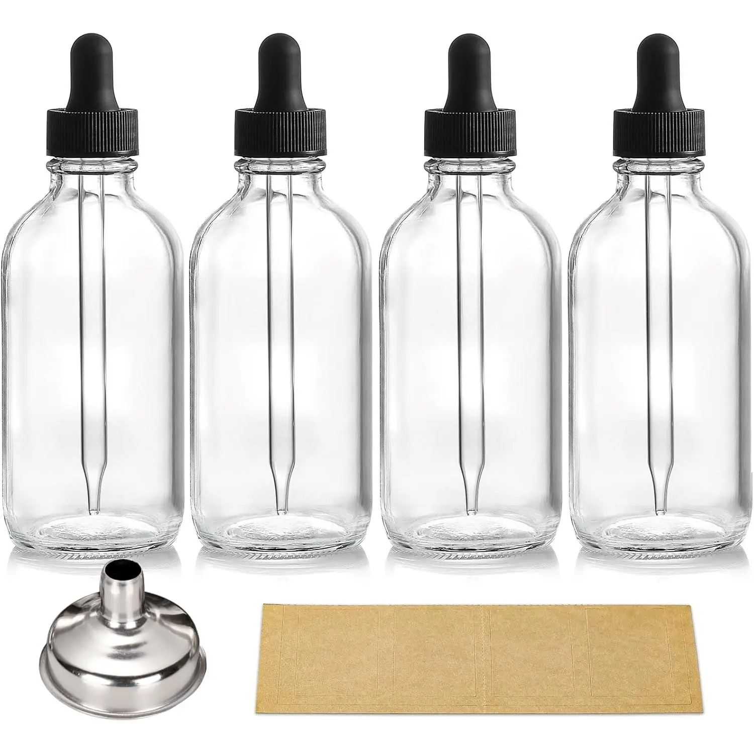 4 Pack, 4 oz Dropper Bottles with 1 Funnel & 4 Labels - Essential Oils Bottles for , Personal Care & Beauty - 120ml Thick Clear Glass Tincture Bottles with Eye Droppers, Leakproof