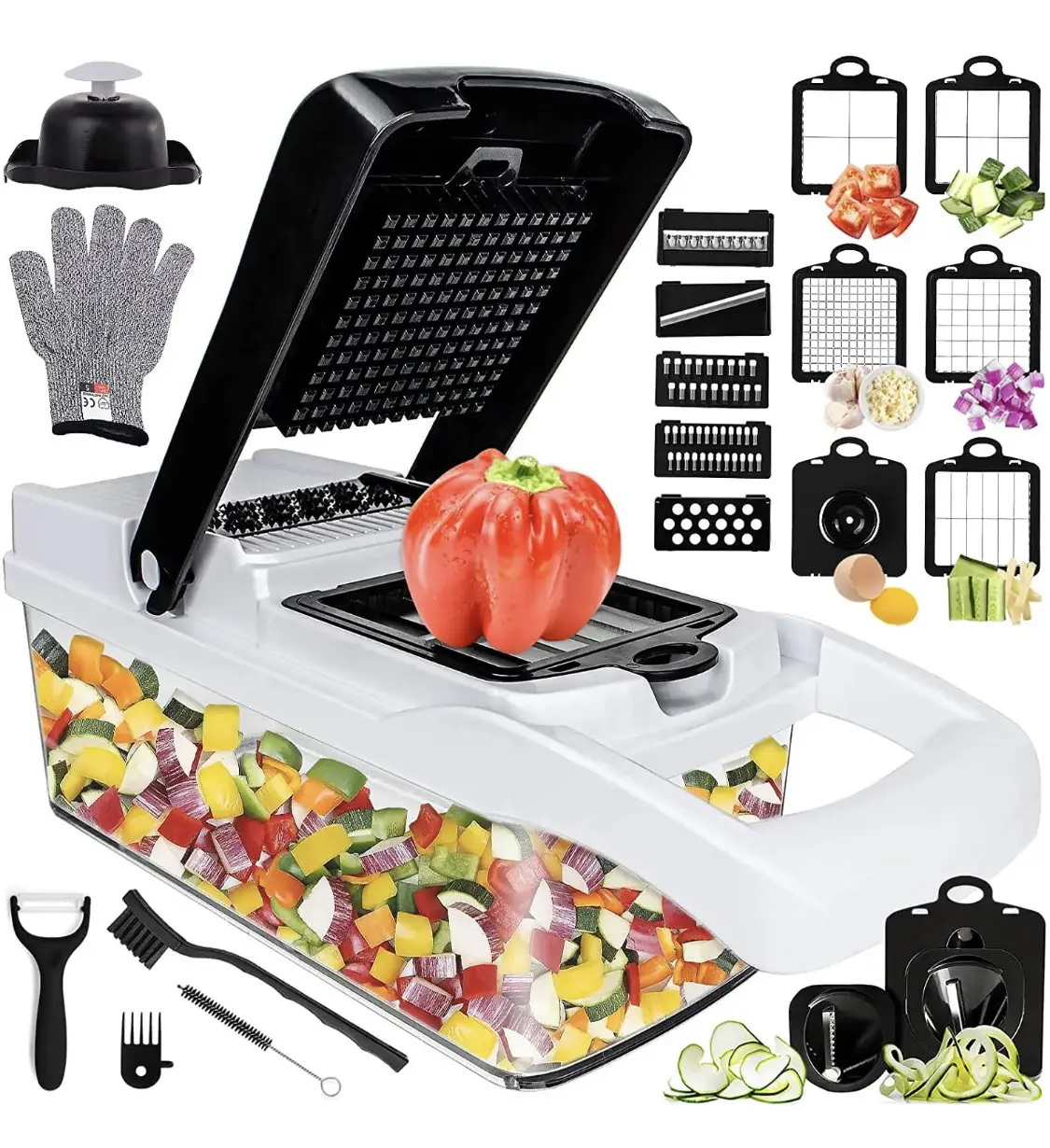 Vegetable Chopper Slicer Onion Chopper Dicer, Multi 22-in-1 Veggie Mandoline Slicer Food Chopper Cutter for Tomato Fruit with Lemon Squeezer, E-Recipe, 11 Blades, Egg Separator & Slicer, Container