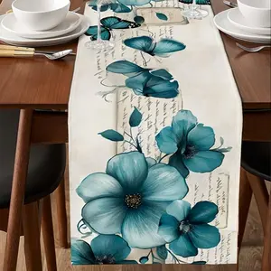 Vintage Blue Tulip Table Runner Watercolor Flowers Butterfly Kitchen Art Dining Scarves Washable Non-Slip Rectangle Party Holiday Decor 1pc