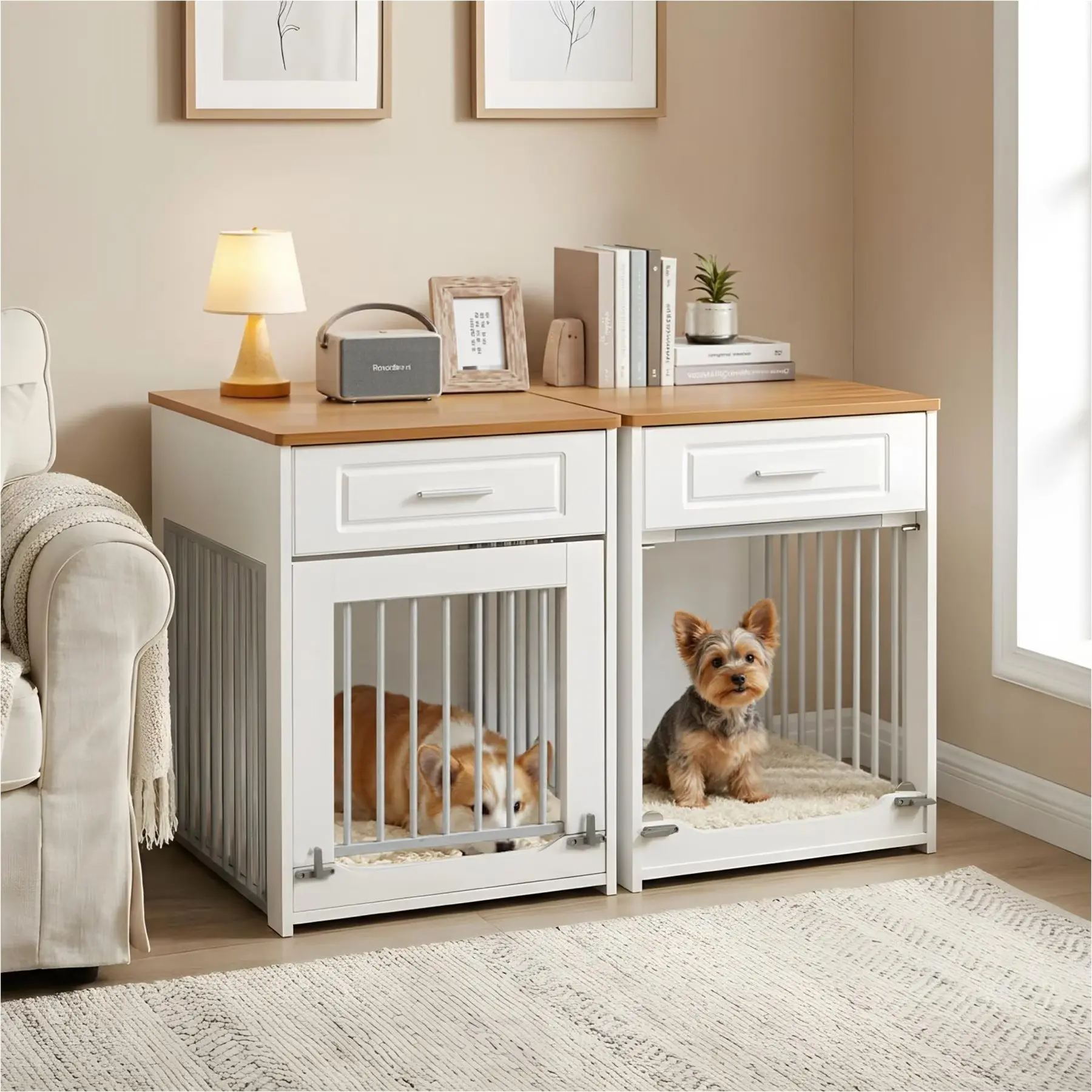 furrybaby Furniture Style End Table with Storage Drawer Dog Crate