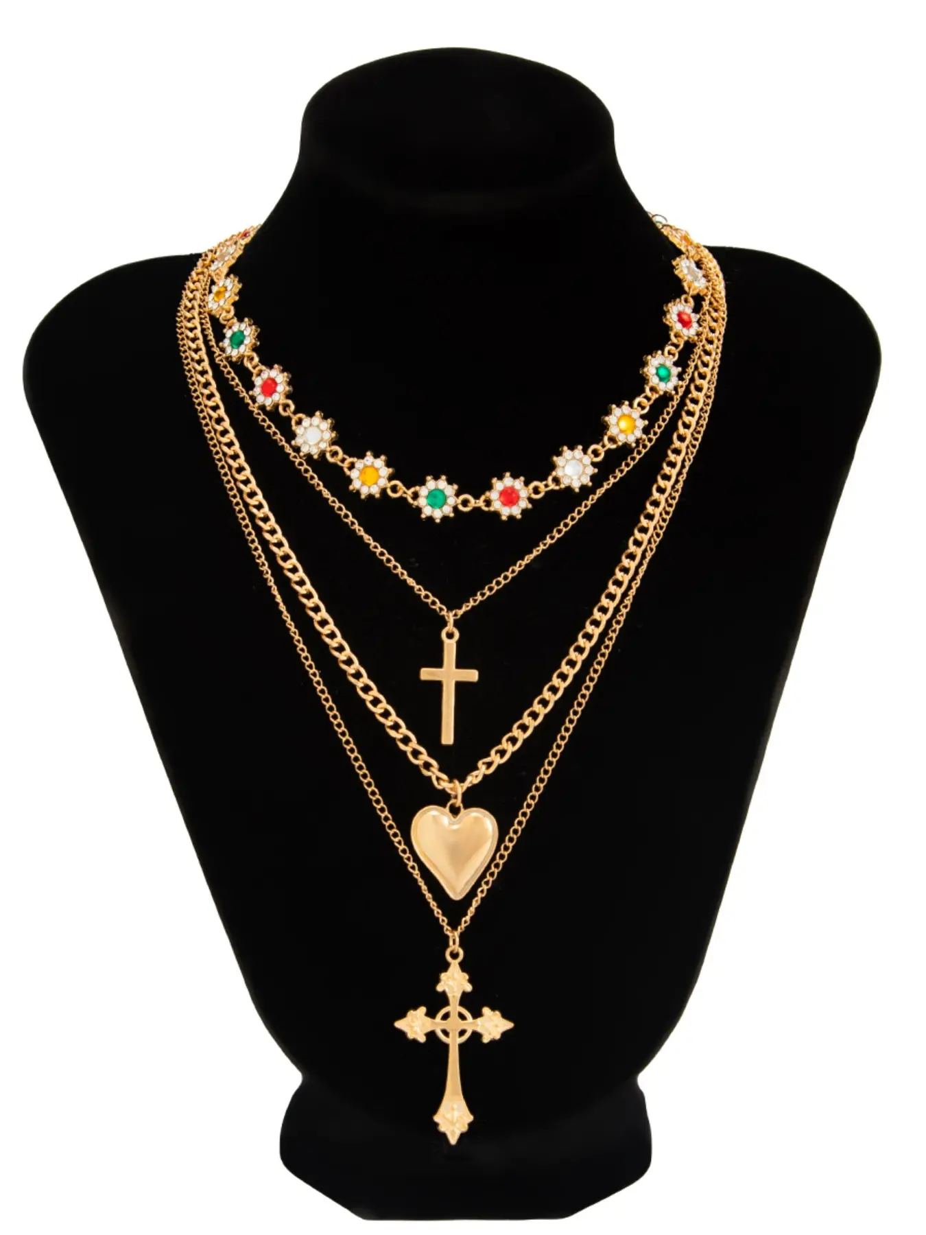 Women's Luxurious Heart Cross Pendant Necklace Set, Vintage Hippie Style, Party Street Music Festival Wear, Rhinestone Chain Jewelry, Chunky Chain Necklace, Vintage Bohemian Jewelry, Statement Necklace